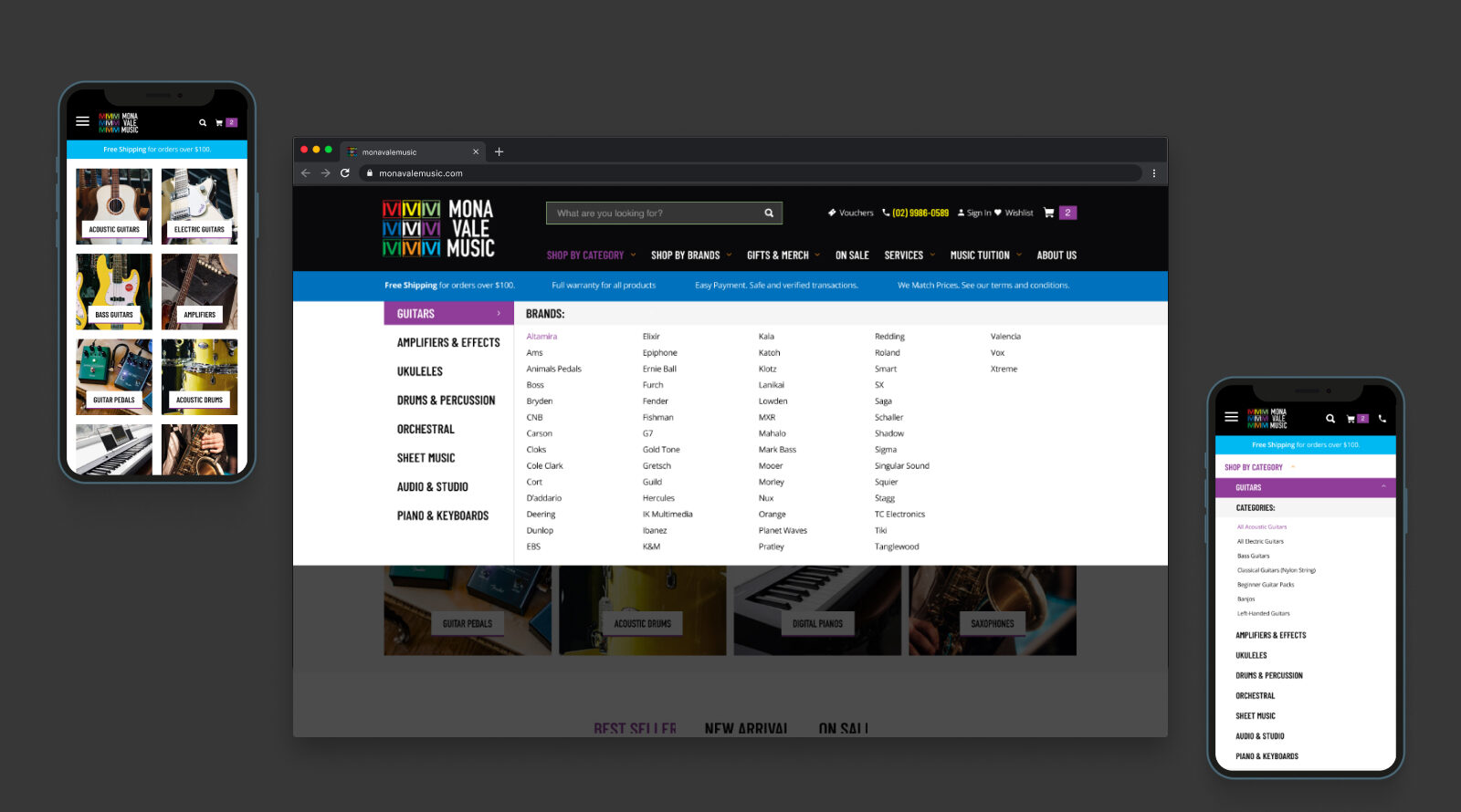 A website for music shopping is displayed on both a desktop browser and a mobile device. The desktop view shows a dropdown menu listing categories and brands. The mobile screen has a similar layout.