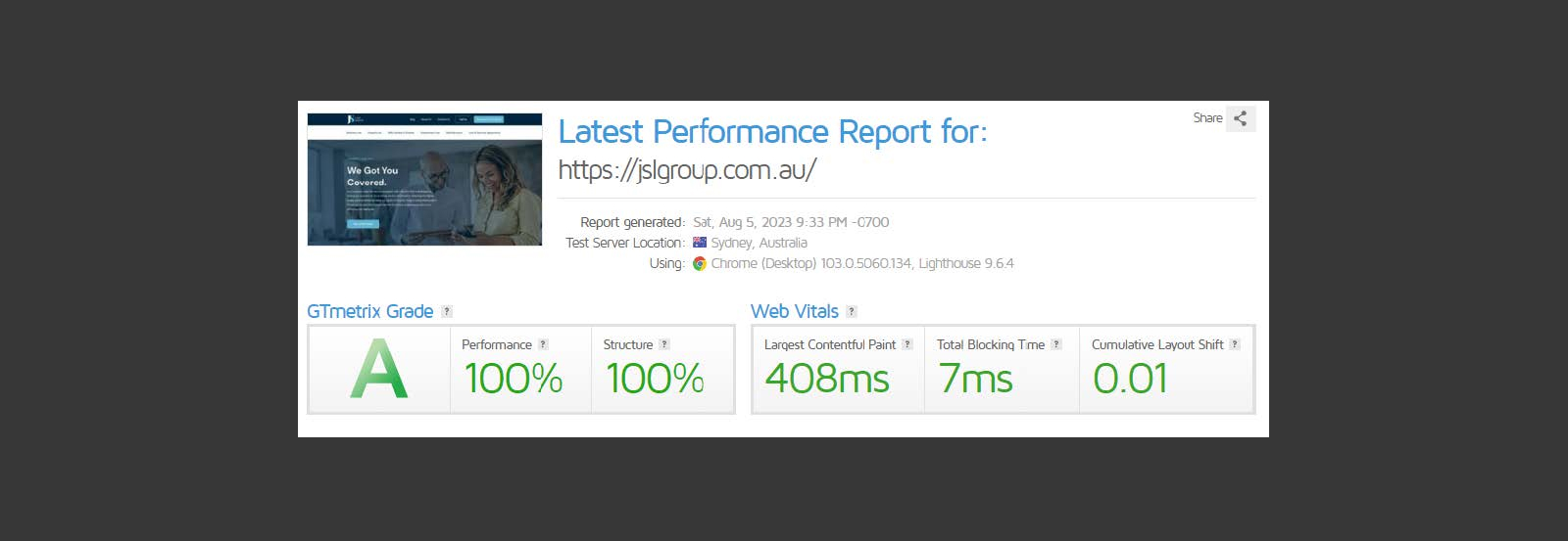 Screenshot of a performance report for https://jsgroup.com.au/, showing a 100% score in performance and structure. Web Vitals show LCP of 408ms, TBT of 7ms, and CLS of 0.01.