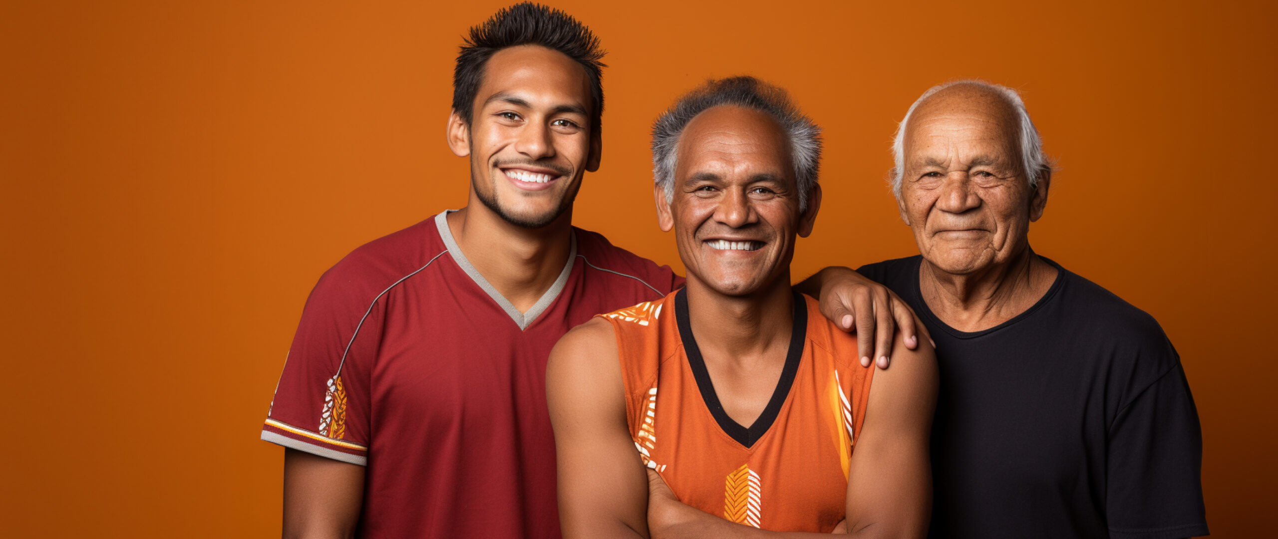 Three men of different generations smiling, standing shoulder-to-shoulder against an orange background. The young man on the left wears a red shirt, the middle-aged man in the center wears an orange tank top, and the elderly man on the right wears a black shirt.