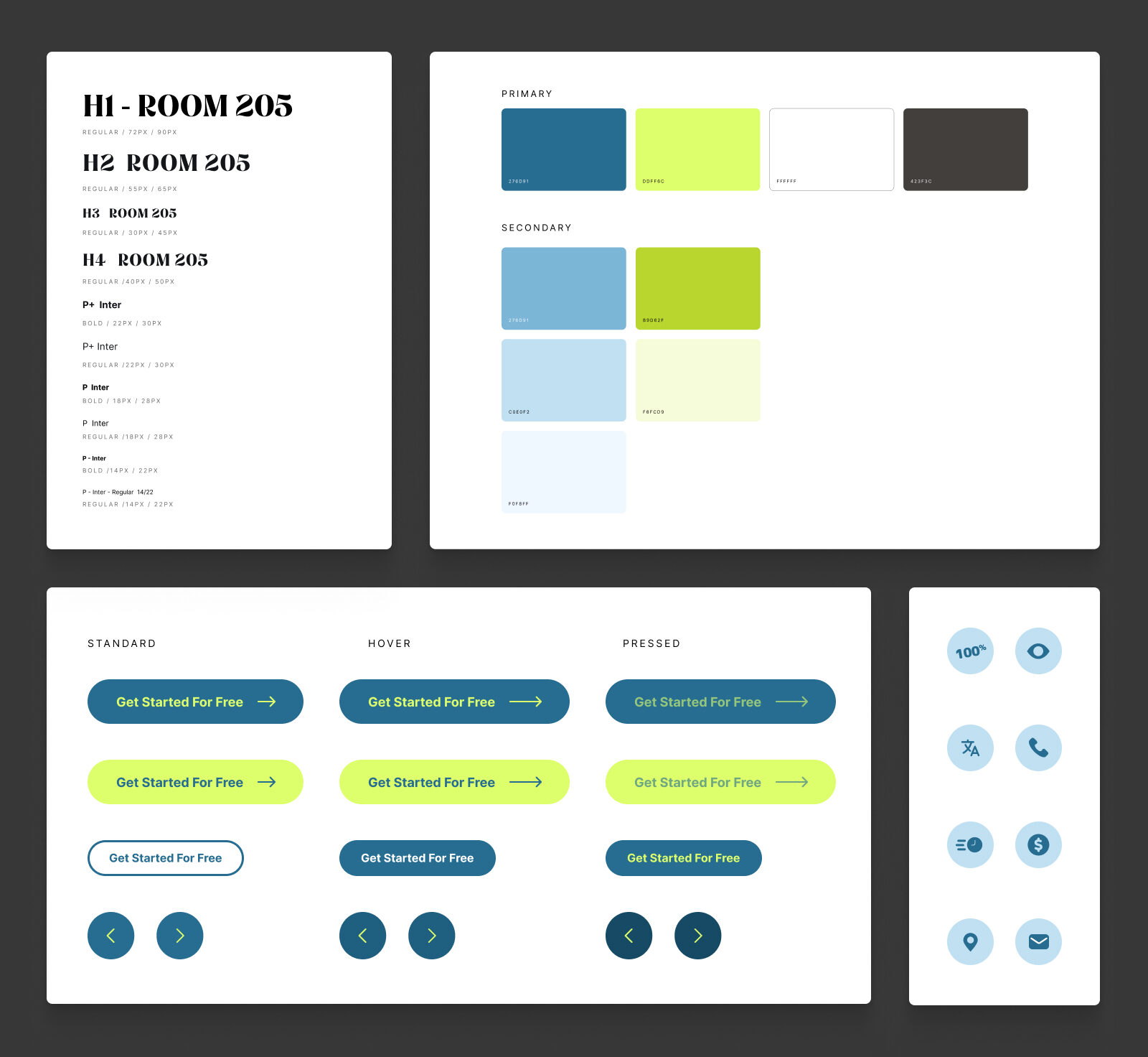 Design system layout showcasing typography styles, color palette with primary and secondary colors, button states including standard, hover, and pressed, and a set of circular icons.