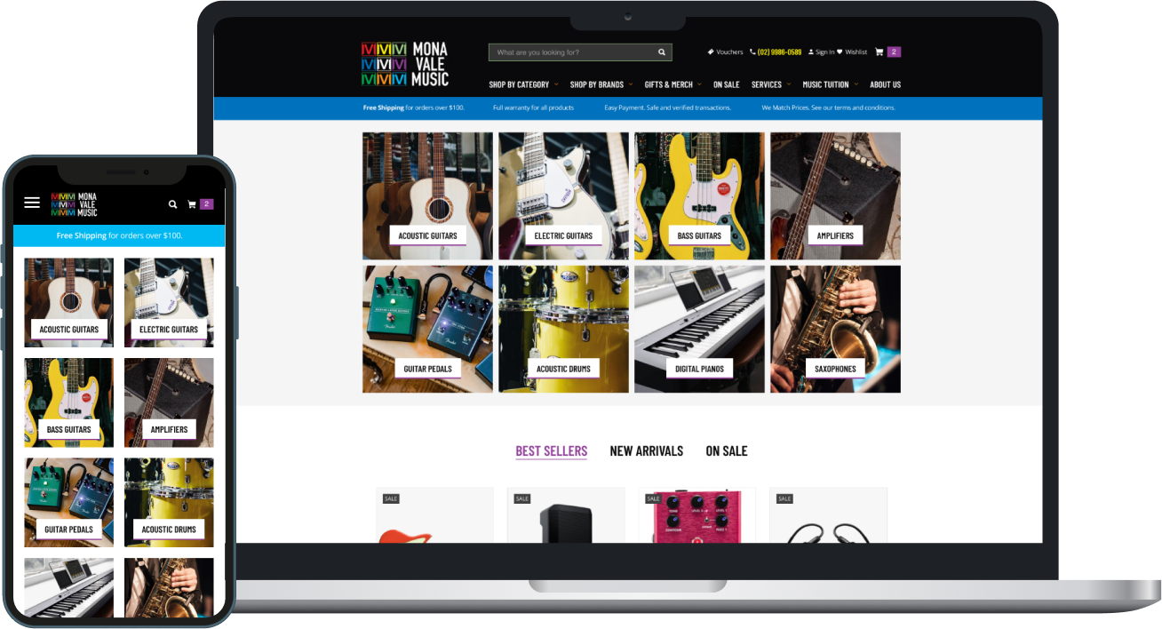 Image of a laptop and smartphone displaying a music store website. The website features various musical instruments and equipment, including guitars, amplifiers, and pedals.