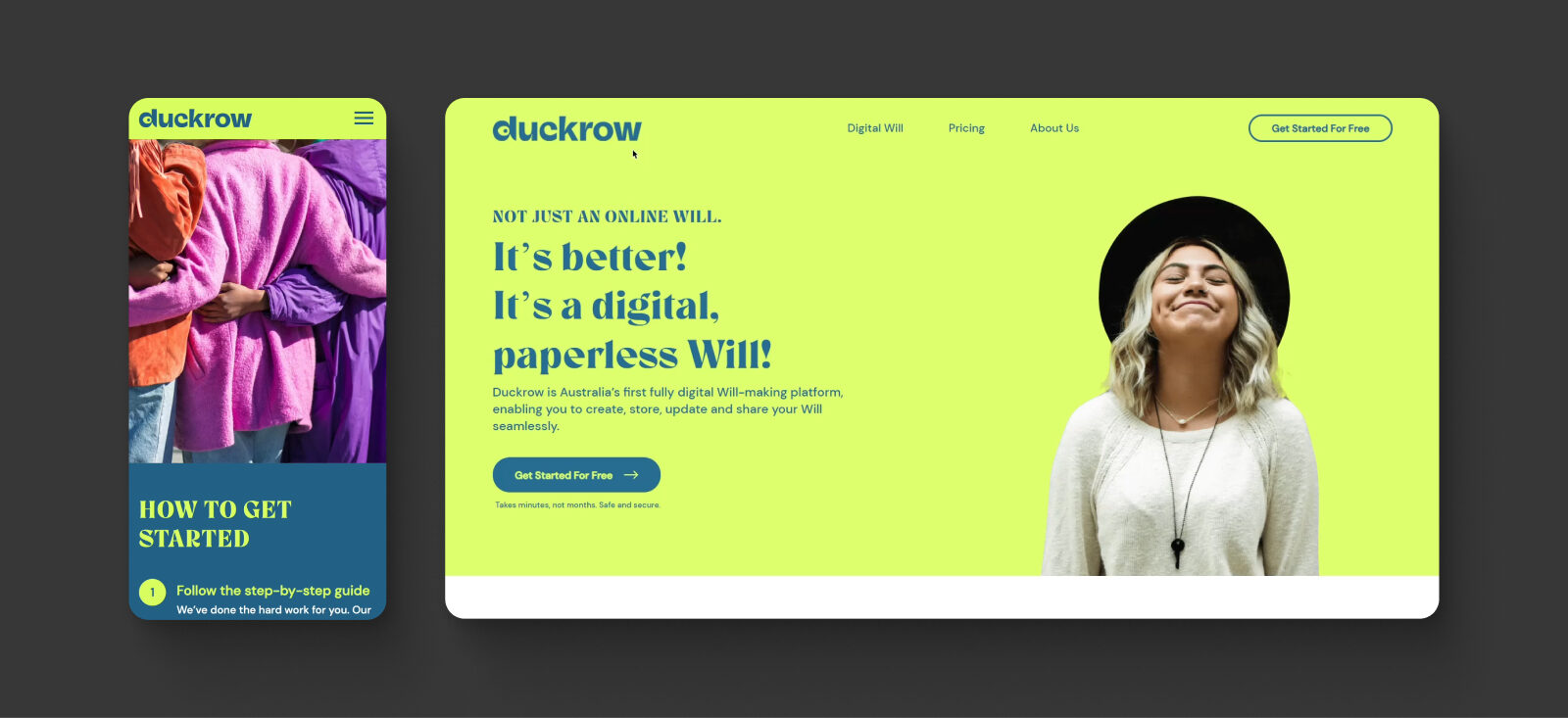 Left: A person holding a scarf. Right: A smiling person with closed eyes. Text: "Duckrow - Not just an online will. It’s a digital, paperless will!" and "Get Started Free.
