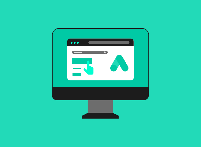 Illustration of a desktop computer with a web page displaying a green logo and a cursor clicking on a rectangular icon, set against a teal background.
