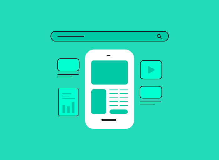 Illustration of a smartphone screen with various app icons, a search bar above, and data charts, set against a teal background.
